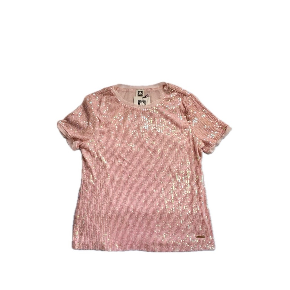 Anne Klein Women’s Pink Sequin Blouse – Iridescent Mesh Glinda-Core Fairy Glam